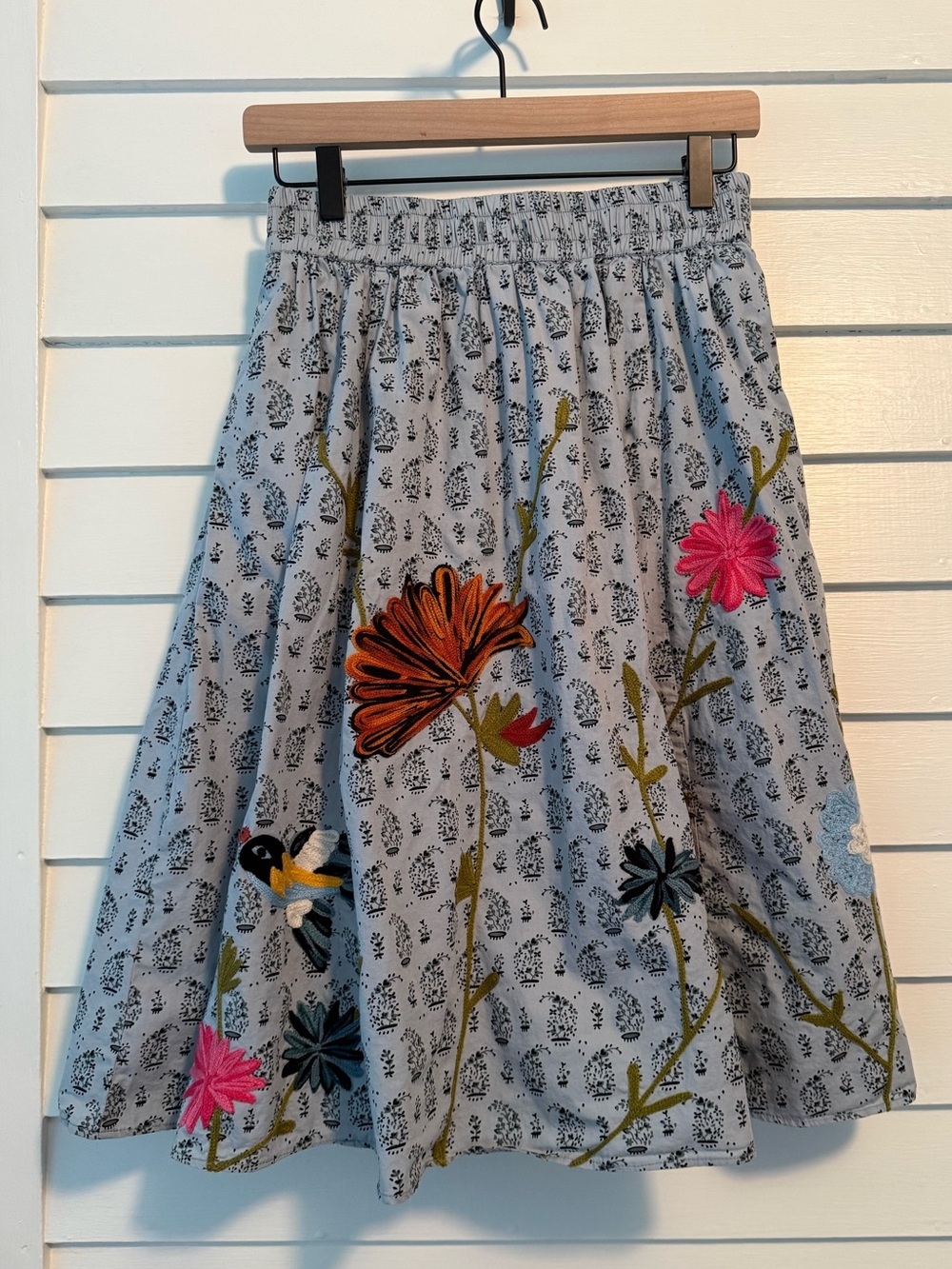 eShakti | Embroidered Floral Bird Cotton A-Line Skirt Gray Elastic Waist Size XS
